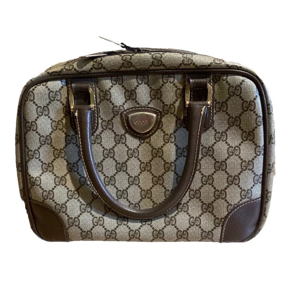 Gucci Bowler Bag Leather Trim Gold Hardware Vintage Monogram